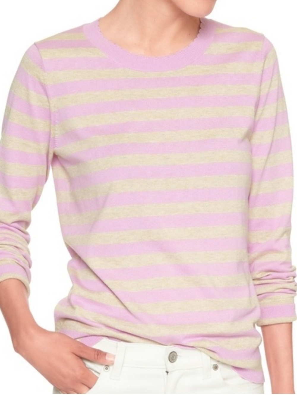 BANANA REPUBLIC GREY Lilac Purple STRIPE SCALLOPED NECK SWEATER WOMENS S